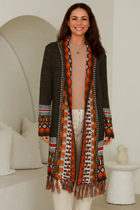 Brown Boho Fringe Cardigan with Pockets (Open Front)