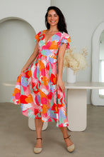 Load image into Gallery viewer, Dream Catcher Elliana Midi Dress – Vivid Splashes with Short Flutter Sleeves
