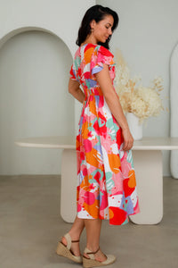 Dream Catcher Elliana Midi Dress – Vivid Splashes with Short Flutter Sleeves