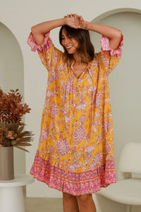 Dream Catcher Kinsley Mini Dress - Mustard Paisley Delight with 3/4 Sleeves