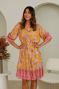 Dream Catcher Kinsley Mini Dress - Mustard Paisley Delight with 3/4 Sleeves