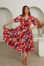 Load image into Gallery viewer, Dream Catcher Matilda Midi Dress - Vibrant Red Floral with Half Sleeves
