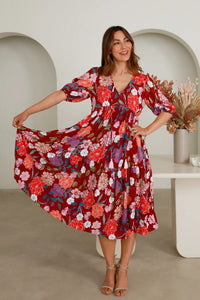 Dream Catcher Matilda Midi Dress - Vibrant Red Floral with Half Sleeves