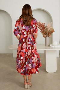 Dream Catcher Matilda Midi Dress - Vibrant Red Floral with Half Sleeves